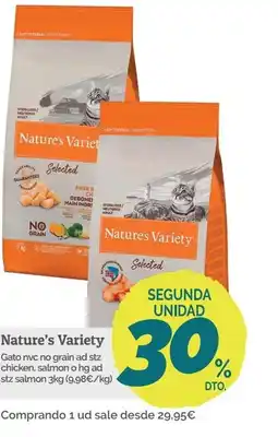 Supermercados MAS NATURE'S VARIETY Gato nvc no grain ad stz chicken, salmon o hg ad stz salmon oferta