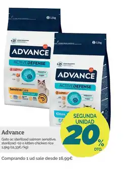 Supermercados MAS ADVANCE Gato ac sterilized salmon sensitive, sterilized +10 o kitten chicken rice oferta