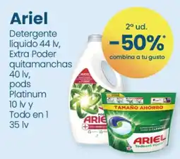 Clarel ARIEL Detergente líquido 44 lv, Extra Poder quitamanchas 40 lv, pods Platinum 10 lv y Todo en 1.35 lv oferta