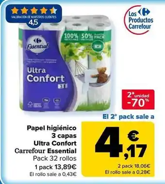 Carrefour essential - papel higiénico 3 capas ultra confort
