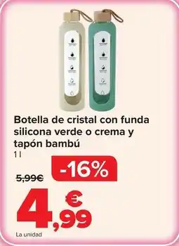 Carrefour Botella de cristal con funda silicona verde o crema y tapón bambú oferta