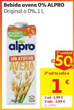 Alcampo ALPRO Bebida avena 0% Original o 0% oferta