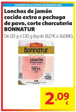 Alcampo BONNATUR Lonchas de jamón cocido extra o pechuga de pavo, corte charcutería oferta