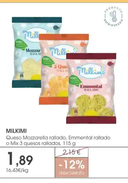 Supermercados Plaza MILKIMI Queso Mozzarella rallado, Emmental rallado o Mix 3 quesos rallados oferta