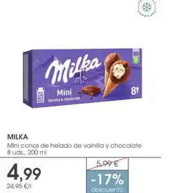 Supermercados Plaza MILKA Mini conos de helado de vainilla y chocolate oferta