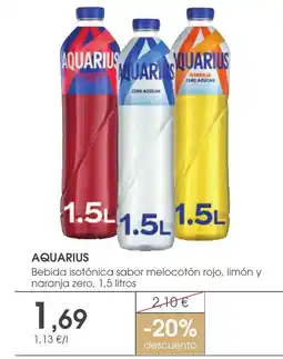 Supermercados Plaza AQUARIUS Bebida isotónica sabor melocotón rojo, limón y naranja zero oferta