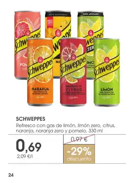 Supermercados Plaza SCHWEPPES Refresco con gas de limón, limón zero, citrus, naranja, naranja zero y pomelo oferta