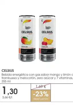 Supermercados Plaza CELSIUS Bebida energética con gas sabor mango y limón o frambuesa y melocotón, zero azúcar y 7 vitaminas oferta