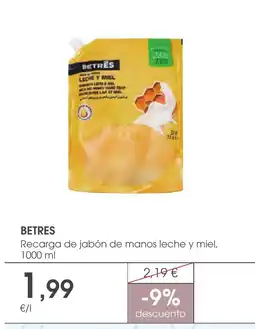 Supermercados Plaza BETRES Recarga de jabón de manos leche y miel oferta
