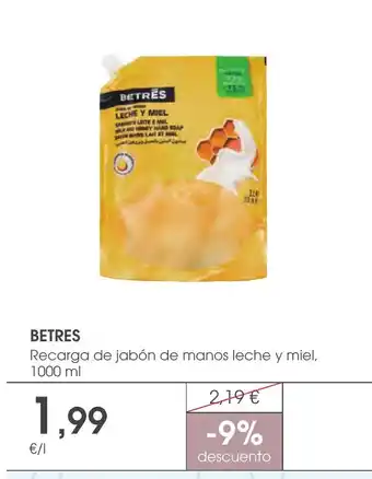 Supermercados Plaza BETRES Recarga de jabón de manos leche y miel oferta