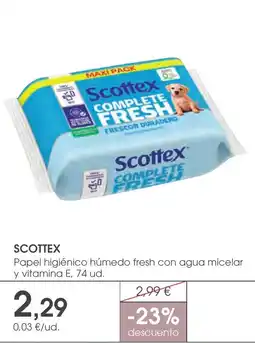 Supermercados Plaza SCOTTEX Papel higiénico húmedo fresh con agua micelar y vitamina E, 74 ud. oferta