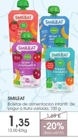 Supermercados Plaza SMILEAT Bolsitas de alimentacion infantil de yogur o fruta variada oferta