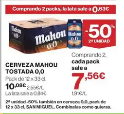 Hipercor MAHOU TOSTADA 0,0 Cerveza oferta