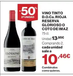 Hipercor Vino tinto d.o.ca. rioja reserva glorioso o coto de imaz oferta