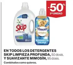 Hipercor En todos los detergentes skip limpieza profunda, 50 dosis, y suavizante mimosín oferta