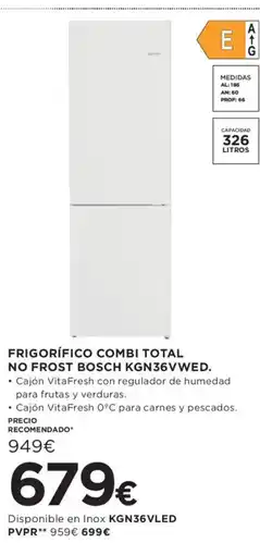 Hipercor BOSCH Frigorífico combi total no frost kgn36vwed oferta