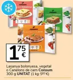 Supermercados Charter CONSUM Lasanya bolonyesa, vegetal o Canelons de carn oferta