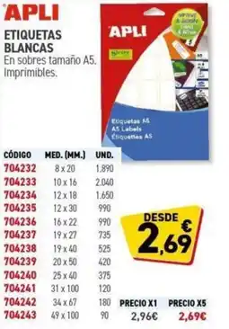 Carlin APLI Etiquetas blancas oferta