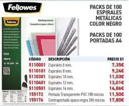 Carlin FELLOWES Packs de 100 espirales metálicas color negro oferta