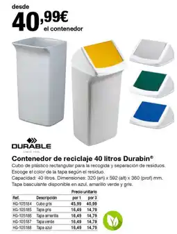 Staples Kalamazoo DURABLE Contenedor de reciclaje 40 litros Durabin oferta