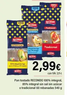 Cash Ifa RECONDO Pan tostado 100% integral, 85% integral sin sal sin azúcar o tradicional 60 rebanadas oferta
