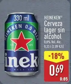 ALDI Heineken - cerveza lager sin alcohol oferta