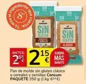 Supermercados Charter Consum - pan de molde sin gluten clasico o cereales y semillas oferta