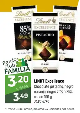 Coviran LINDT Excellence Chocolate pistacho, negro naranja, negro 70% o 85% cacao oferta
