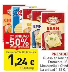 Hiperber Président - queso en lonchas emmental, g.o. mozzarella o cheda oferta