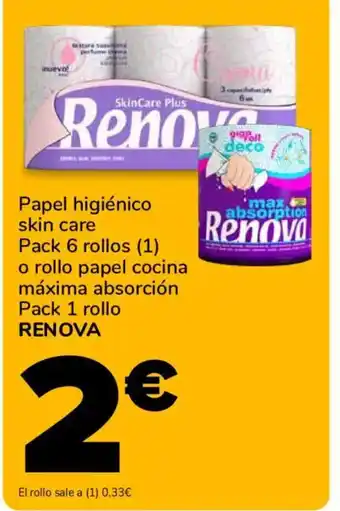 RENOVA Papel higiénico skin care Pack 6 rollos o rollo papel cocina máxima absorción Pack 1 rollo