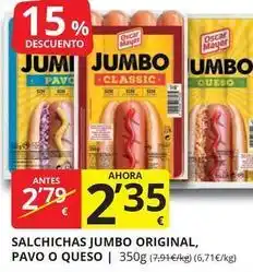 Supermercados MAS Jumbo - salchichas original, pavo o queso oferta