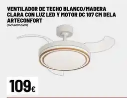 Brico Depôt Ventilador de techo blanco/ madera clara con luz led y motor dc 107 cm dela arteconfort oferta