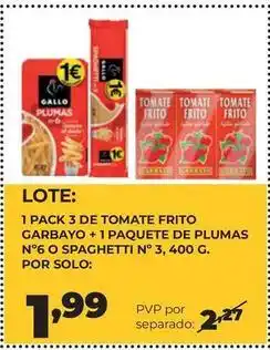 Alimerka Gallo - 1 pack 3 de tomate frito + 1 paquete de plumas n6 o spaghetti n° 3 oferta