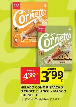 Supermercados MAS CORNETTO Helado cono pistacho o choco blanco y mango oferta