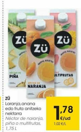 Eroski Zü néctar de naranja piña o multifrutas oferta