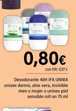 Cash Ifa IFA UNNIA Desodorante 48H unisex dermo, aloe vera, invisible men o mujer o unisex piel sensible roll on oferta