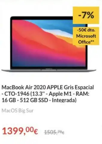 Worten Apple MacBook Air 2020 Gris Espacial - CTO-1946 (13.3" - Apple M1 - RAM: 16GB - 512 GB SSD - Intergrada) oferta