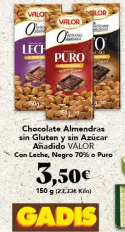 Gadis VALOR Chocolate Almendras sin Gluten y sin Azúcar Añadido Con Leche, Negro 70% o Puro oferta