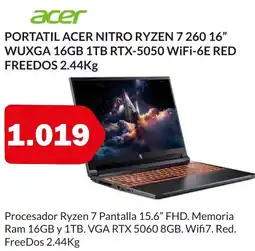 Microsshop ACER Portatil nitro ryzen 7 260 16" wuxga 16gb 1tb rtx-5050 wifi-6e red freedos oferta