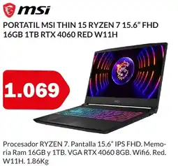 Microsshop MSI Portatil thin 15 ryzen 7 15.6" fhd 16gb 1tb rtx 4060 red w11h oferta