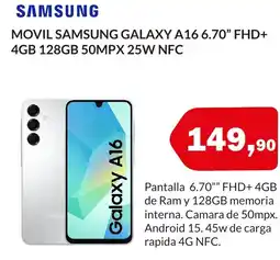 Microsshop SAMSUNG Movil galaxy a16 6.70" fhd+ 4gb 128gb 50mpx 25w nfc oferta
