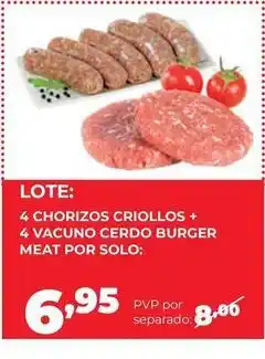 Alimerka Solo - 4 chorizos criollos + 4 vacuno cerdo burger meat por oferta