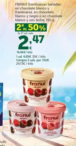 HiperDino FRANUÍ frambuesas bañadas en chocolate blanco y frambuesa, en chocolate blanco y negro o en chocolate blanco y con leche oferta