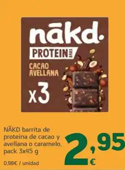 HiperDino NĀKD barrita de proteína de cacao y avellana o caramelo oferta