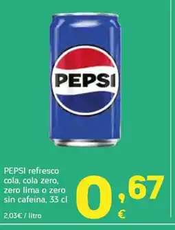 HiperDino PEPSI refresco cola, cola zero, zero lima o zero sin cafeína oferta