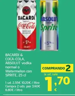 HiperDino BACARDI & COCA-COLA, ABSOLUT vodka normal o Watermelon con oferta