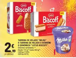 E.Leclerc Tarrina de helado milka o tarrina de helado o bombón o sandwich lotus biscoff oferta