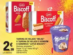 E.Leclerc Milka tarrina de helado o lotus biscoff sandwich oferta