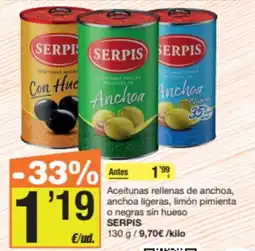 Economy Cash Serpis aceitunas rellenas de anchoa, anchoa ligeras, limón pimienta o negras sin hueso oferta