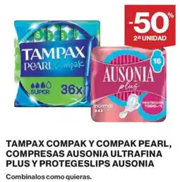 El Corte Inglés Tampax compak y compak pearl, compresas ausonia ultrafina plus y protegeslips ausonia oferta